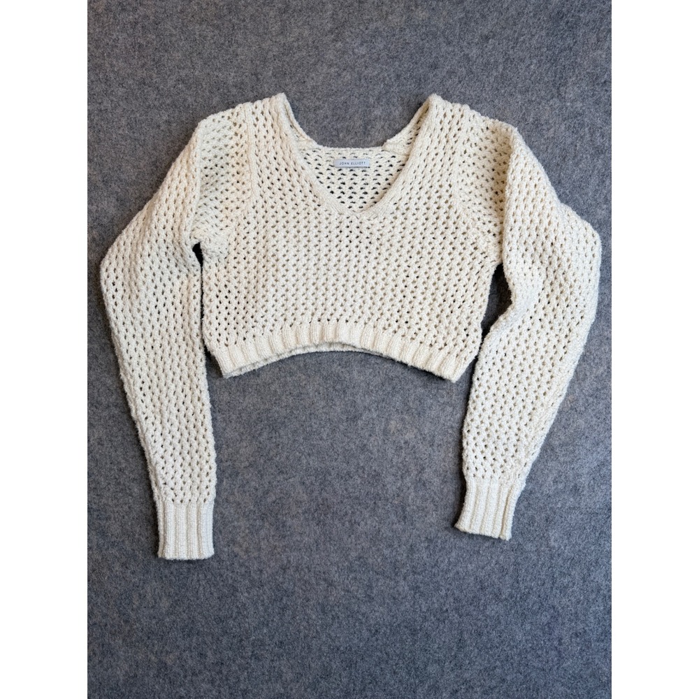 John Elliott Boucle Open Knit Cropped Sweater Womens 0 Cream Minimalist Luxury